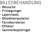 BILLEDBEHANDLING
- Retouche
- Fritlægninger
- Layermasks
- Billedmanipulation
- Farvekorrektion
- Effekter
- Sammenkopieringer